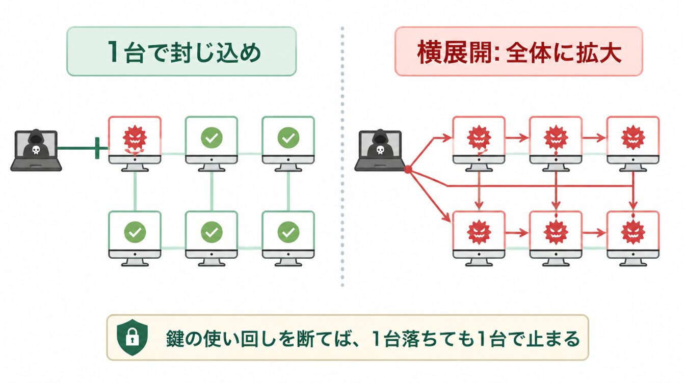 1台で封じ込められた状況と、横展開で全体に拡大した状況を比較したネットワーク図