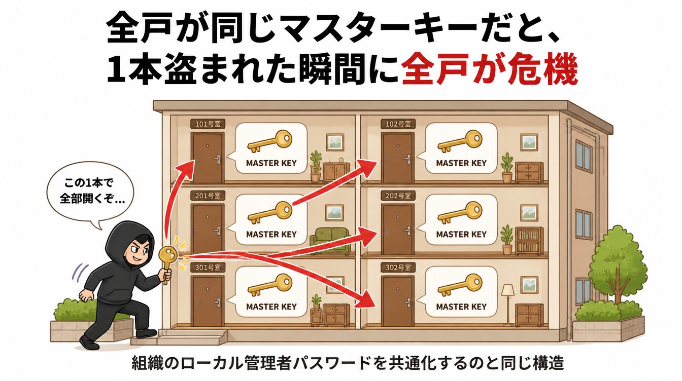 全戸が同じマスターキーで開くマンションで1本盗まれると全戸が危機になるたとえ図