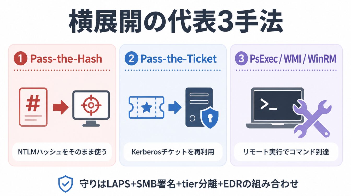 Pass-the-Hash・Pass-the-Ticket・PsExec/WMI/WinRMの3手法を示したカード型インフォグラフィック