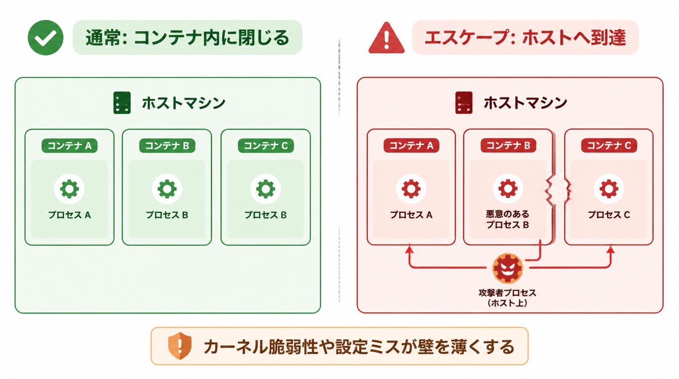 コンテナが正しく隔離されている状態と、エスケープでホストに到達してしまう状態を比較した図