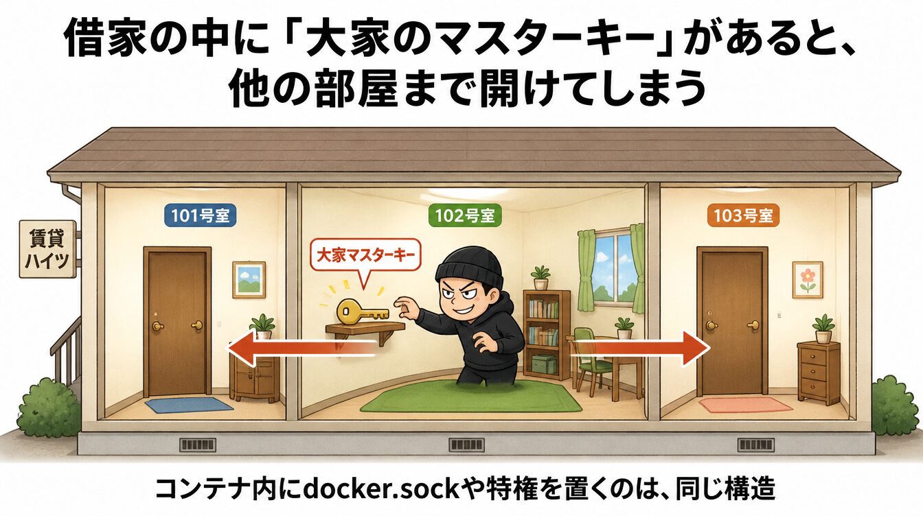 借家の中に大家のマスターキーが置いてあり、他の部屋まで開けられてしまうたとえ図
