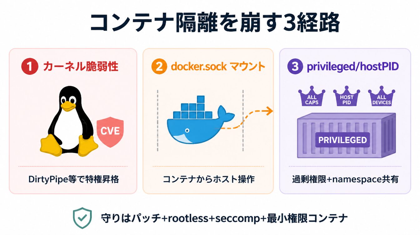 カーネル脆弱性・docker.sockマウント・privileged/hostPIDの3つの脱出経路を示したカード型インフォグラフィック