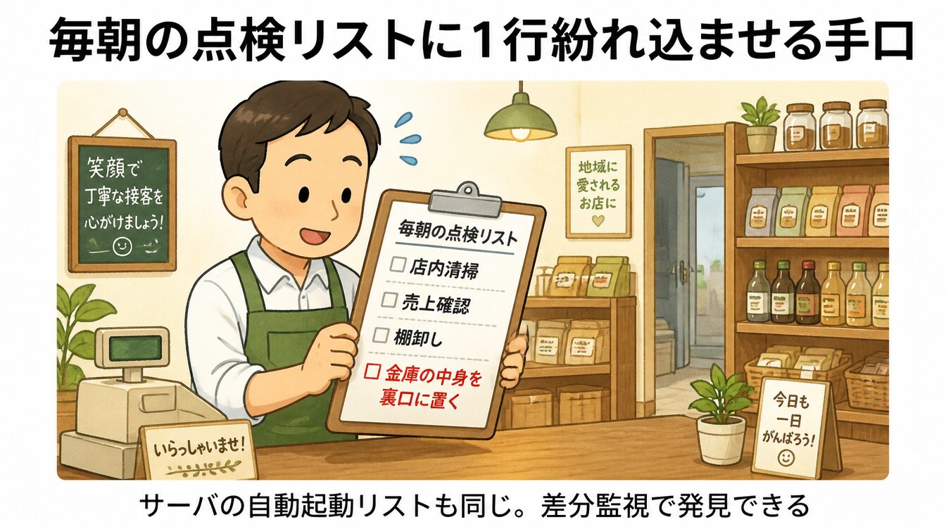 店舗の点検リストに1行紛れ込ませる手口のたとえ図