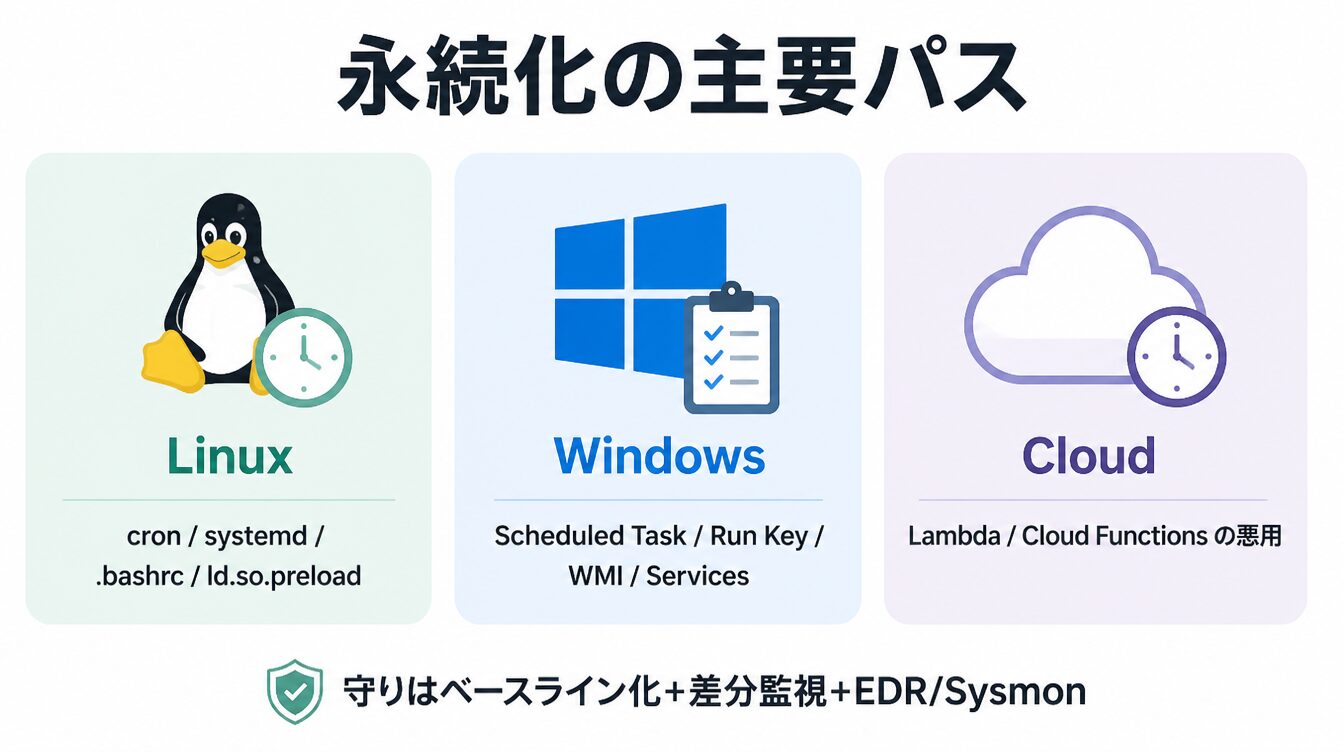 Linux(cron/systemd/.bashrc)・Windows(Scheduled Task/Run Key/WMI)・クラウド(Lambda等)の主要永続化パスを示したカード型インフォグラフィック