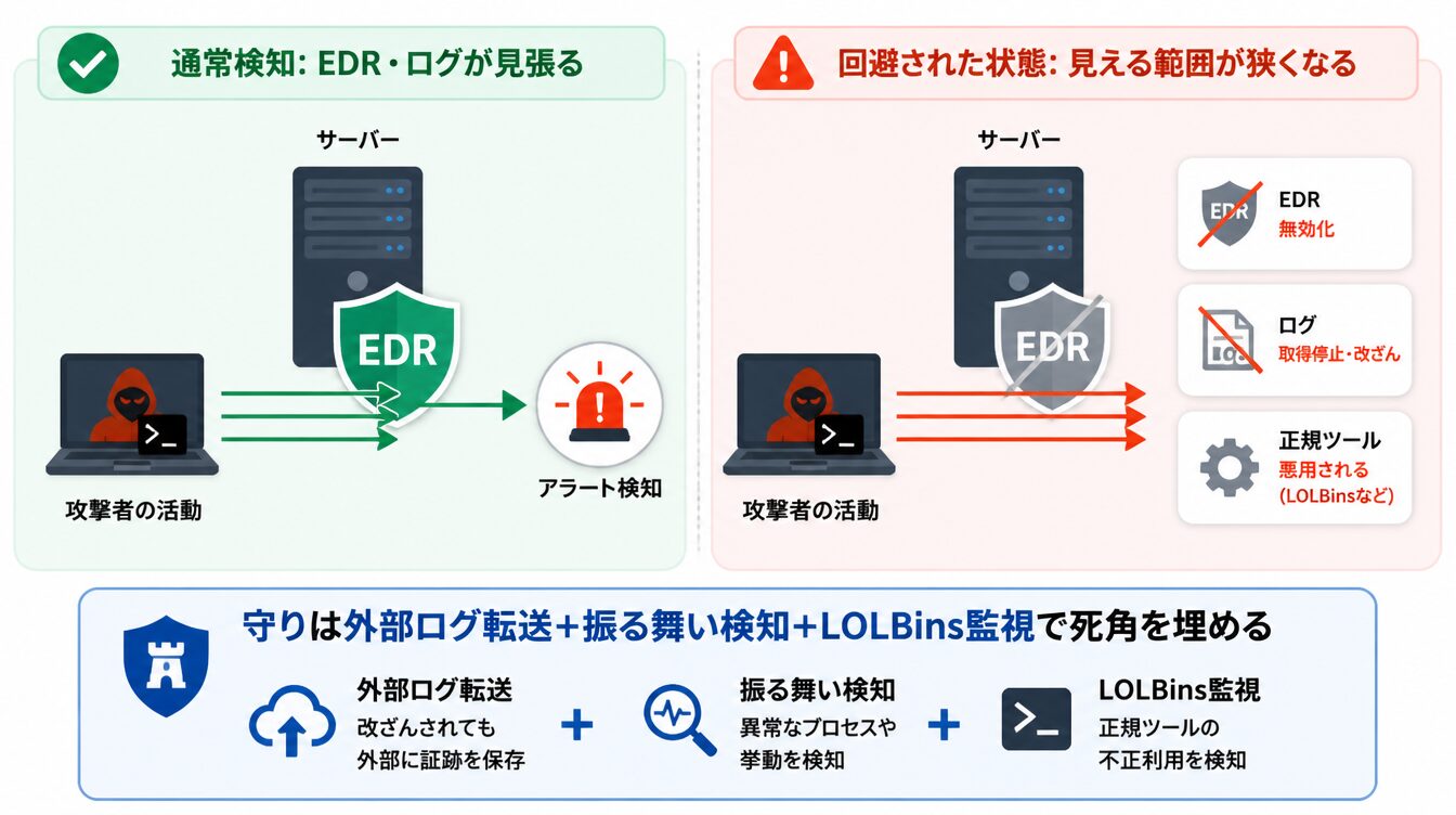 EDR・ログが攻撃を捕捉する通常状態と、EDR無効化・ログ消去・LOLBins利用で死角ができた状態の比較図