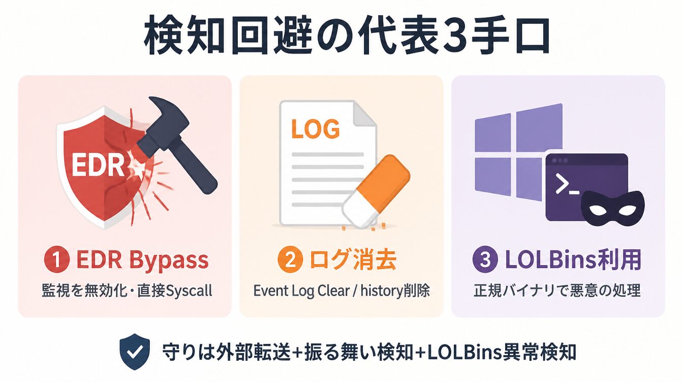 EDR Bypass・ログ消去・LOLBins利用の3手口を示したカード型インフォグラフィック