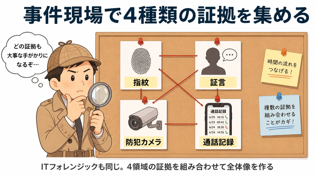探偵が指紋・証言・防犯カメラ・通話記録の4つの証拠をコルクボードで整理し事件を再構成しているイラスト