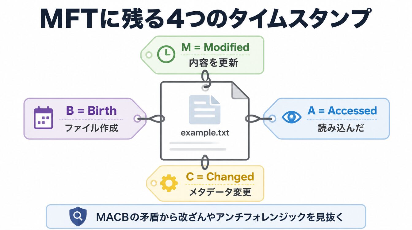NTFSのMFTに記録される4種類のタイムスタンプ(Modified/Accessed/Changed/Birth)を1ファイルに付くラベルとして示した図解