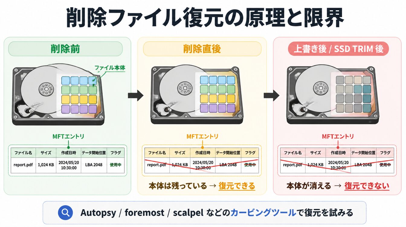 削除前・削除直後・上書き後の3段階でディスク上のデータブロックの状態変化を示し復元可能性を説明した図解