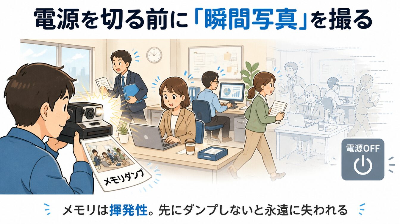 電源を切る前にメモリの状態を瞬間写真として撮影するたとえを示したイラスト