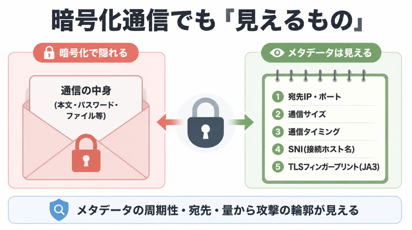 TLS暗号化通信において中身は隠れるがメタデータ(宛先・サイズ・タイミング・SNI・JA3)は見えることを示した図解