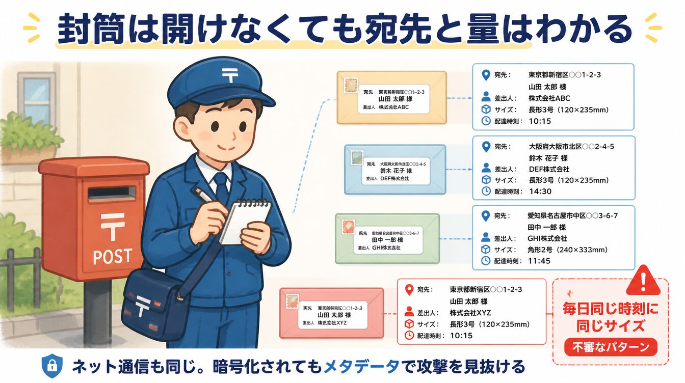 郵便配達員が封筒を開けずに宛先や差出人サイズ配達時刻を記録するたとえを示したイラスト