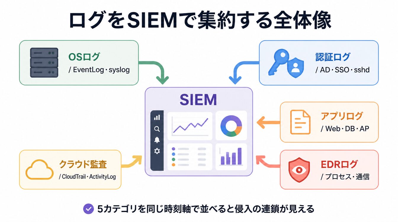 OS・認証・アプリ・EDR・クラウドの5カテゴリのログをSIEMハブへ集約する全体像を示した図解