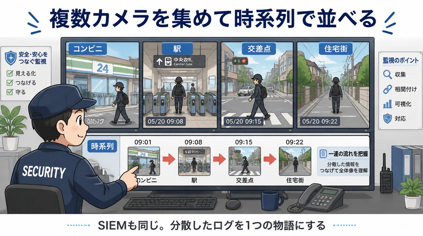 セキュリティ管理室で街中の複数の防犯カメラ映像を時系列に並べて犯人の足取りを追うイラスト