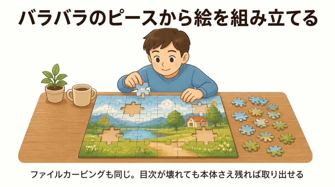 バラバラのジグソーパズルのピースから絵を組み立てる様子をファイルカービングのたとえとして示したイラスト