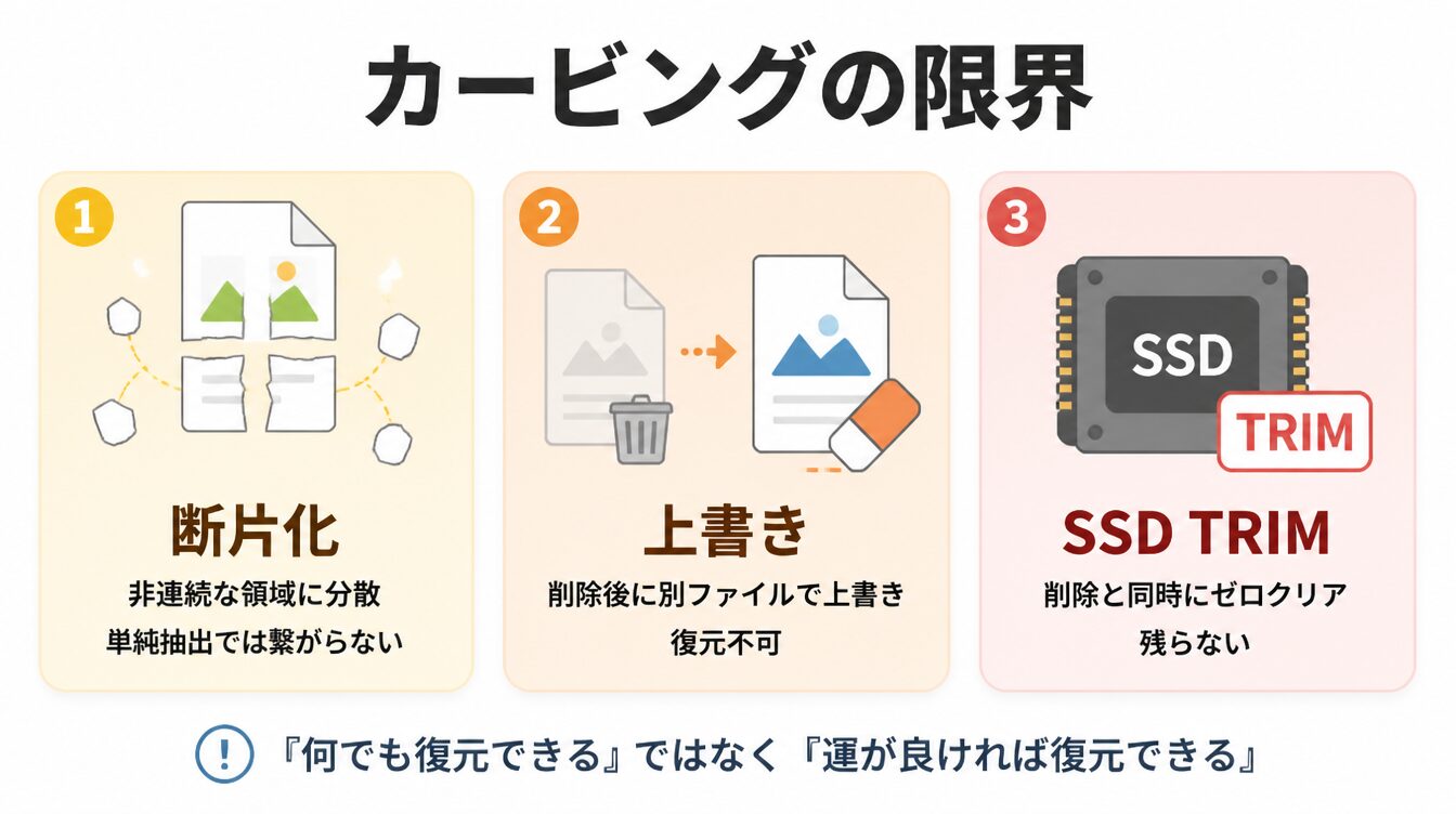 ファイルカービングの3つの限界(断片化・上書き・SSD TRIM)を横並びカードで示した図解
