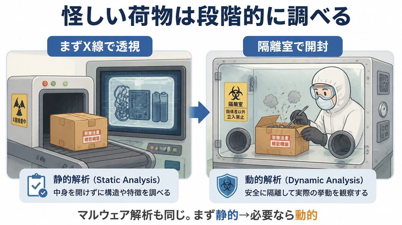 怪しい荷物をまずX線で透視し次に隔離室で開封する2段階調査のイラスト