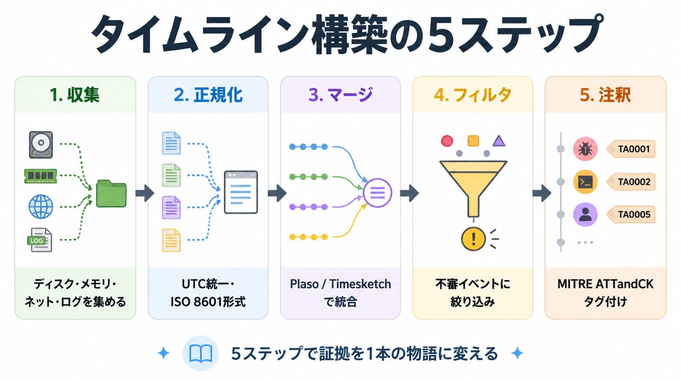 収集・正規化・マージ・フィルタ・注釈の5ステップでフォレンジックタイムラインを構築する流れの図解