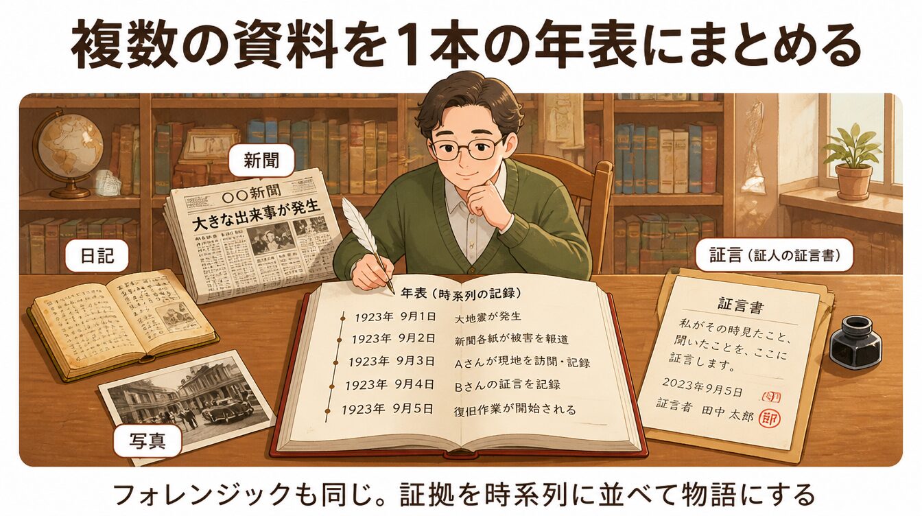 歴史家が日記・新聞・写真・証言など複数の資料から年表を編集している様子のフォレンジックタイムライン構築のたとえイラスト