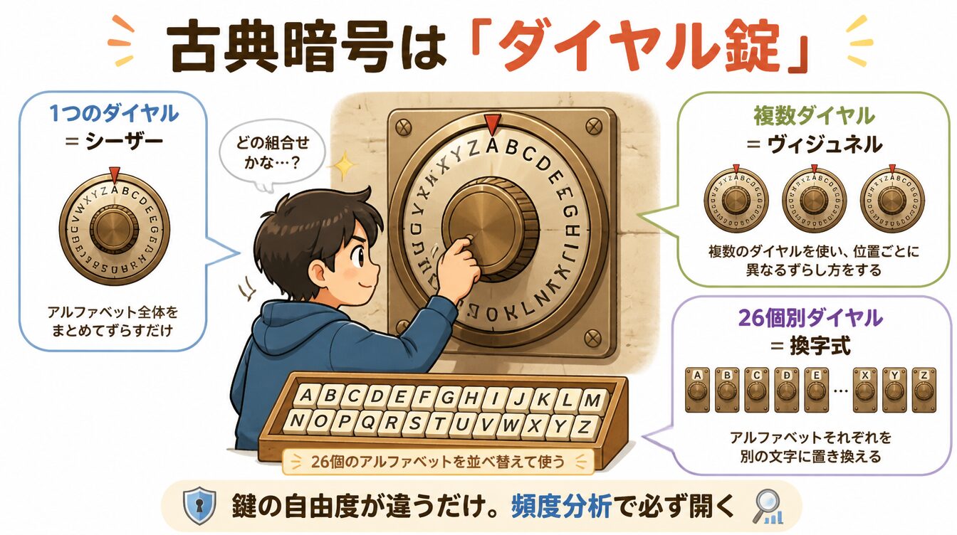 ダイヤル錠の数が違うだけというたとえで古典暗号3種の自由度の違いを示したイラスト