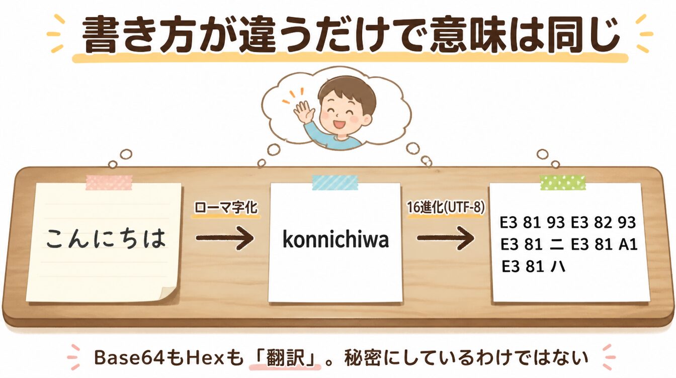 こんにちはがローマ字と16進UTF-8に変換されても意味は変わらないことを示すエンコーディングのたとえイラスト
