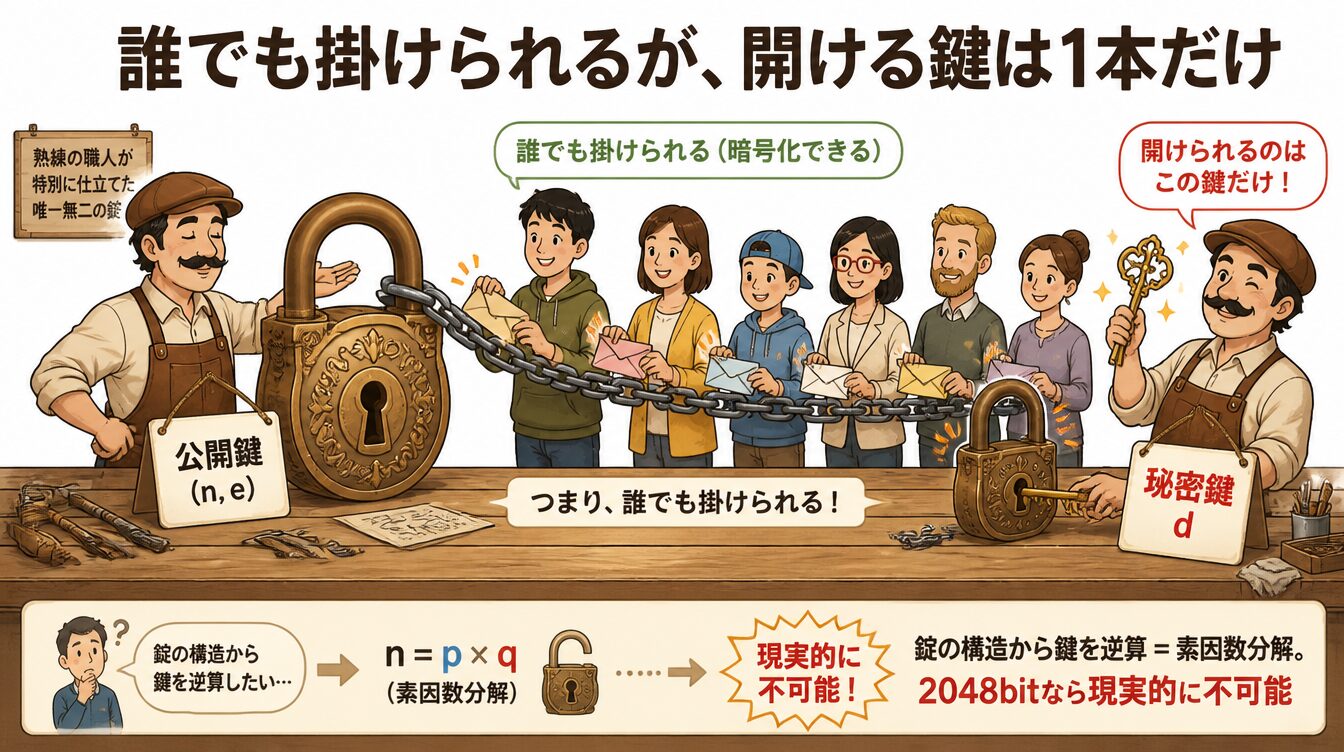 誰でも掛けられるが開ける鍵は1本だけという公開鍵暗号のたとえイラスト