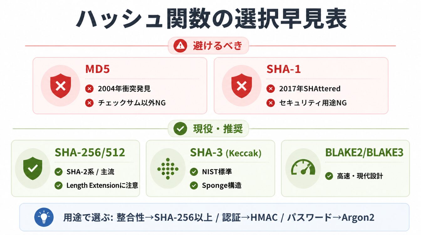 MD5・SHA-1は避けるべき、SHA-256・SHA-3・BLAKEは現役という現代のハッシュ関数選択基準の図解