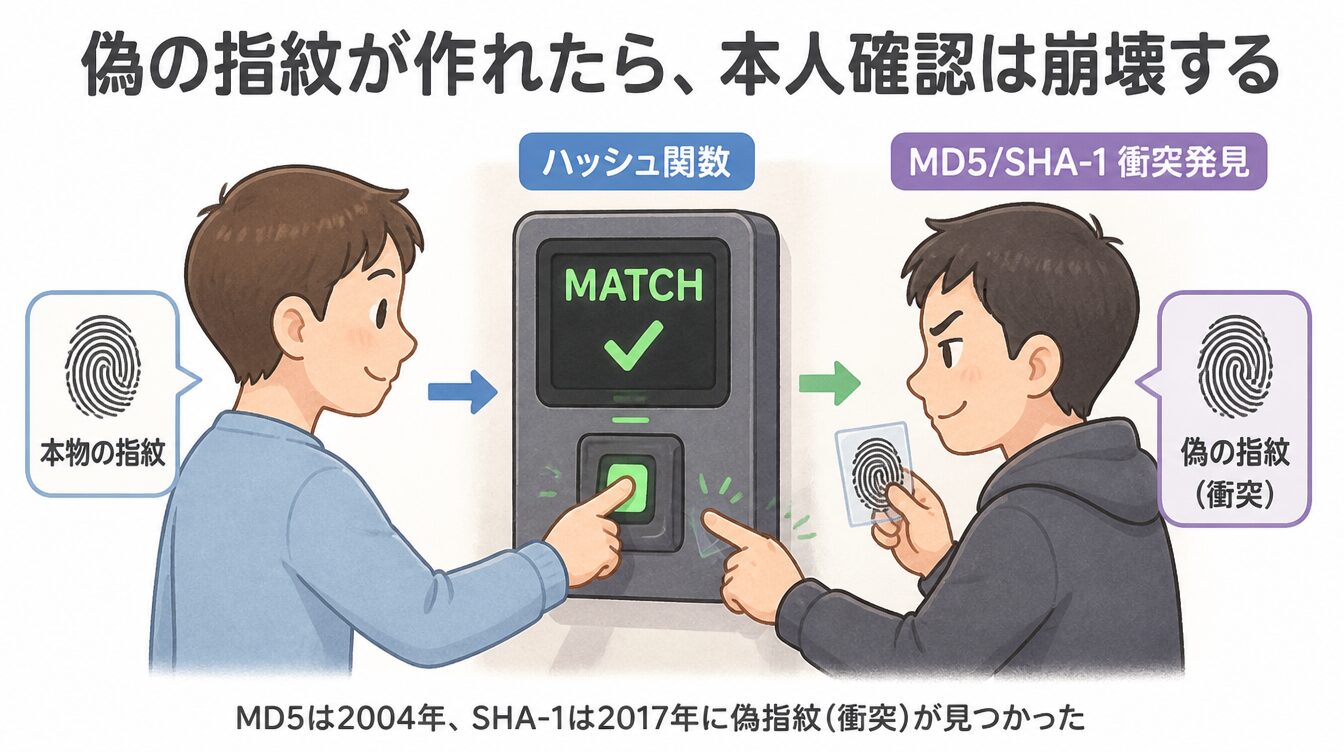 偽造された指紋でハッシュの本人確認が崩壊する衝突攻撃のたとえイラスト