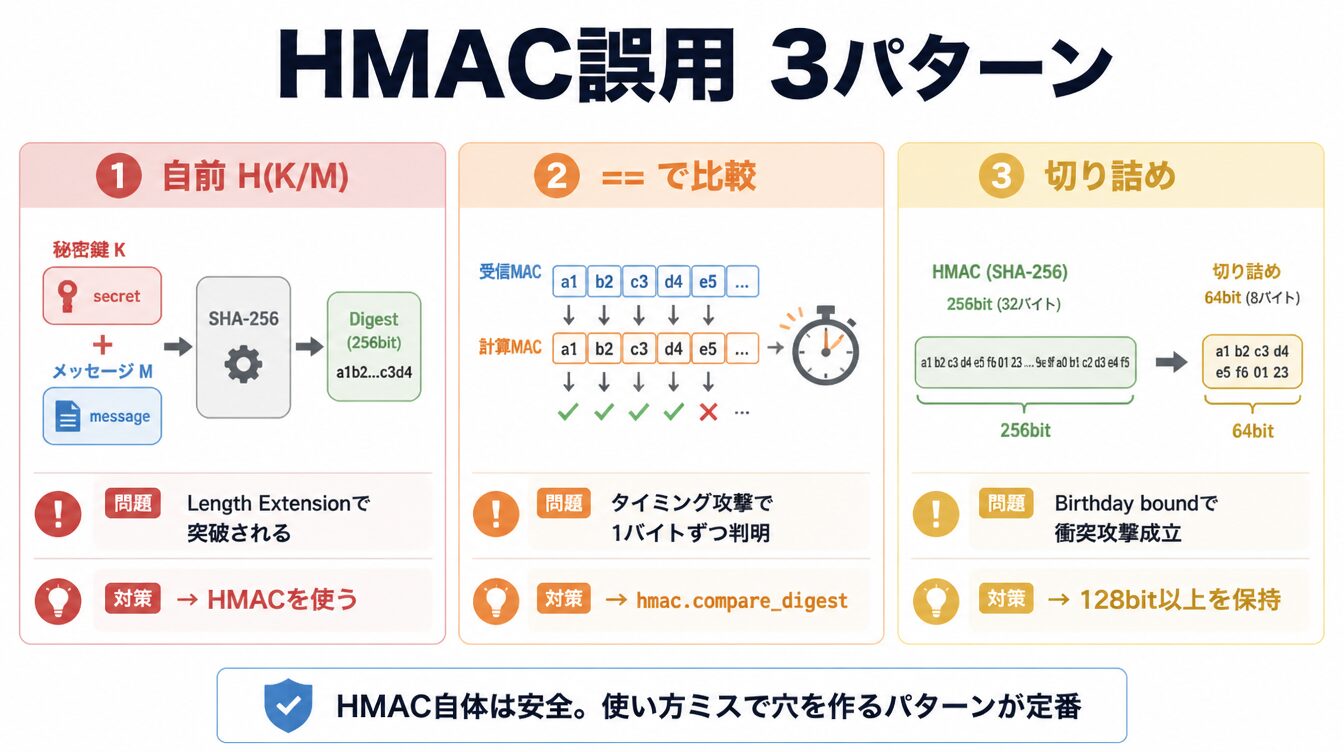 自前H(K|M)・==比較・切り詰めという3つのHMAC誤用パターンを横並びカードで示した図解
