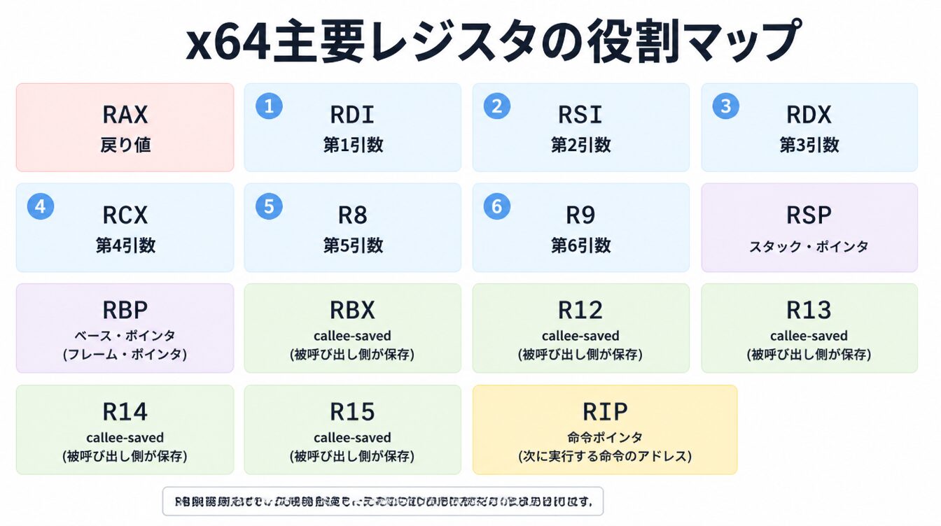x64 16レジスタの役割をグループ別に色分けして示した図解