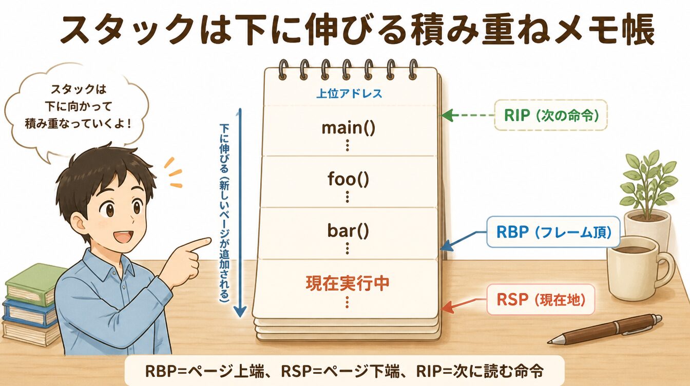 スタックを下に伸びる積み重ねメモ帳にたとえてRBP・RSP・RIPの役割を示したイラスト