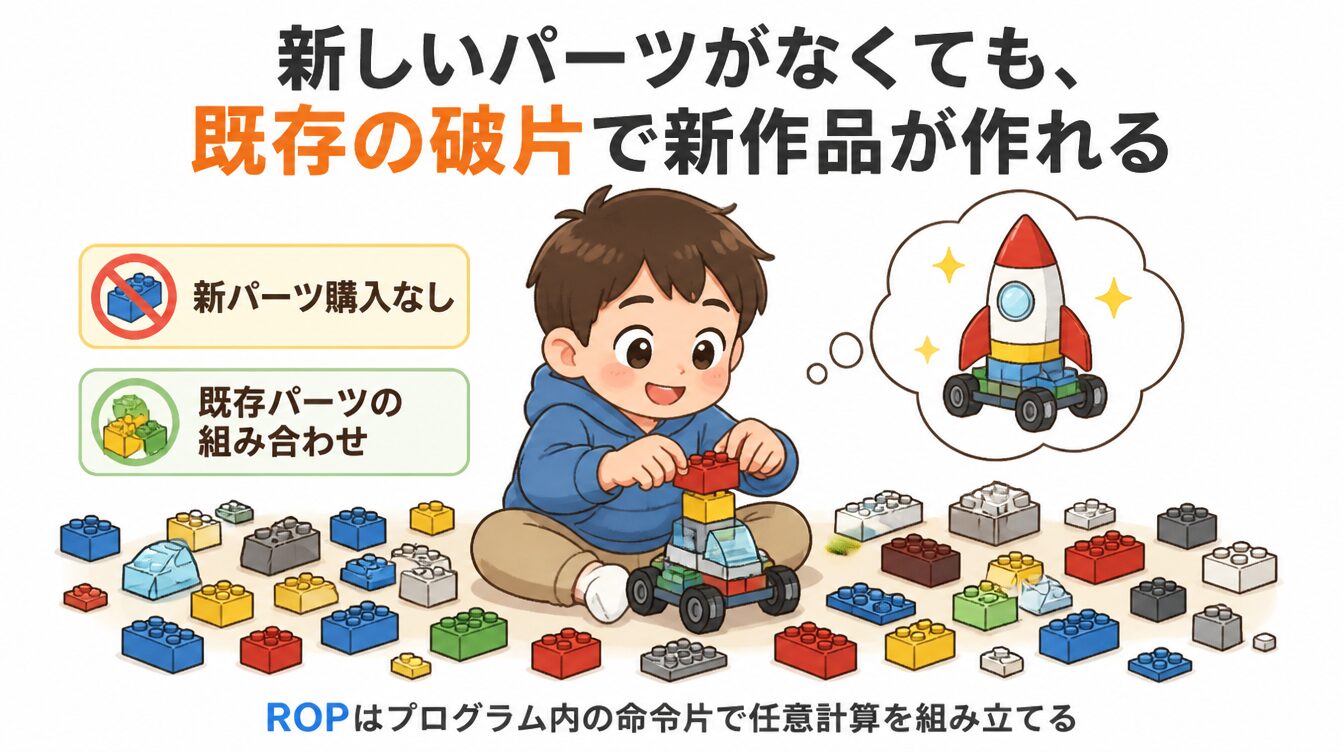 既存のレゴパーツだけで新しい乗り物を組み立てるROPのたとえイラスト