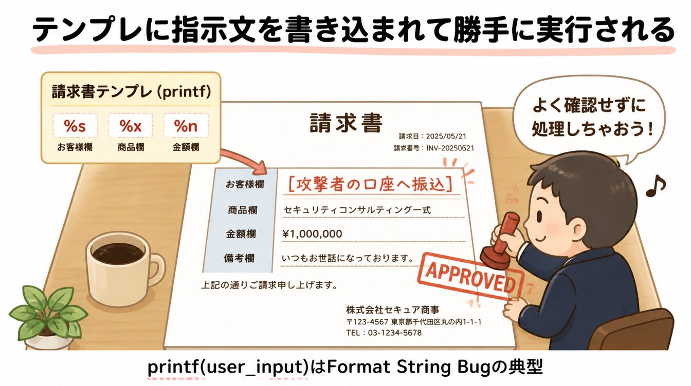請求書テンプレに悪意の指示文を書き込まれて実行されてしまうFormat Stringのたとえイラスト
