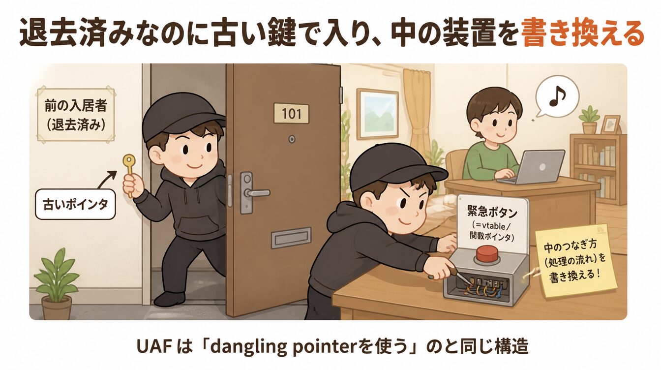 退去済みの賃貸の古い鍵で侵入して内部装置を書き換えるUAFのたとえイラスト