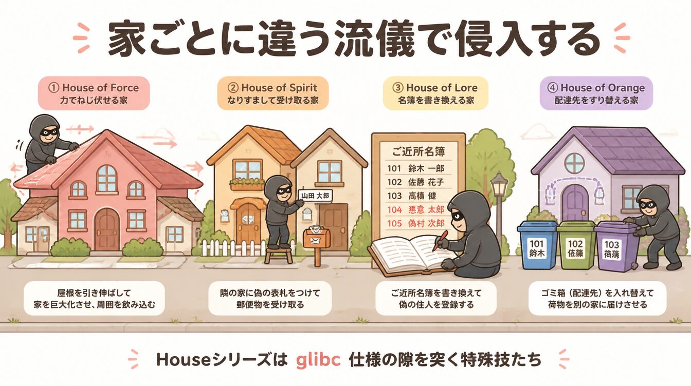 4軒の家にそれぞれ違うスタイルの侵入者が現れるHouseシリーズのたとえイラスト