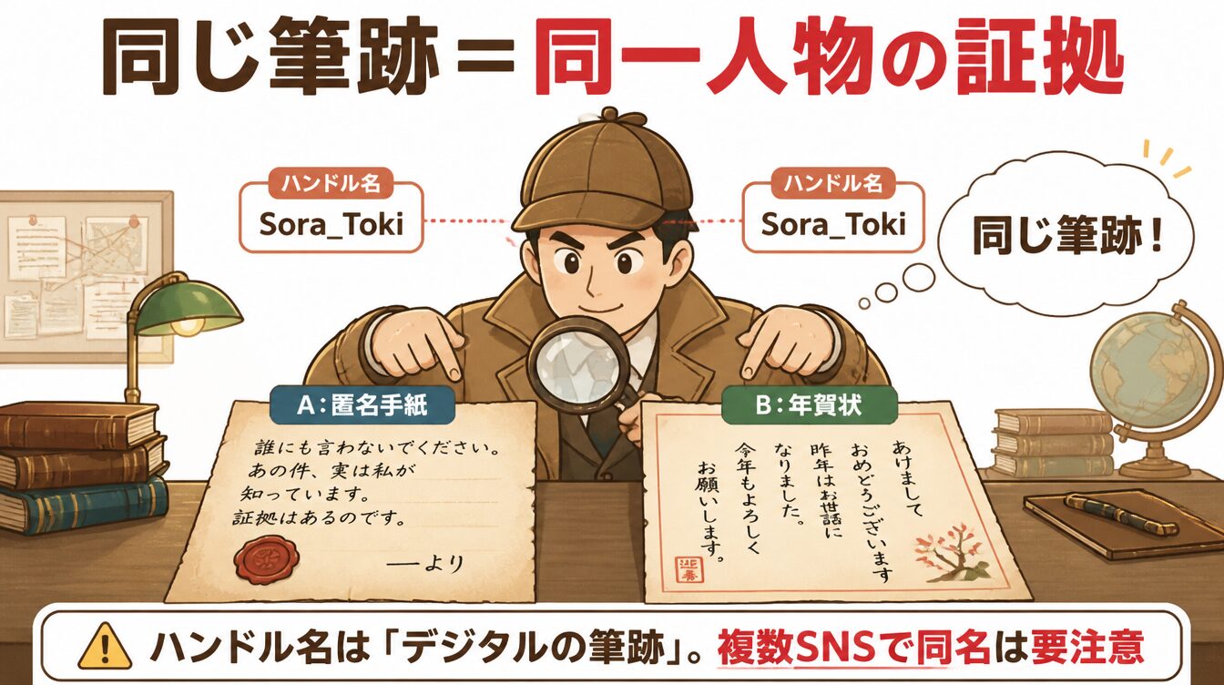 同じ筆跡の手紙2通から同一人物を特定する探偵の様子をデジタル筆跡にたとえたイラスト