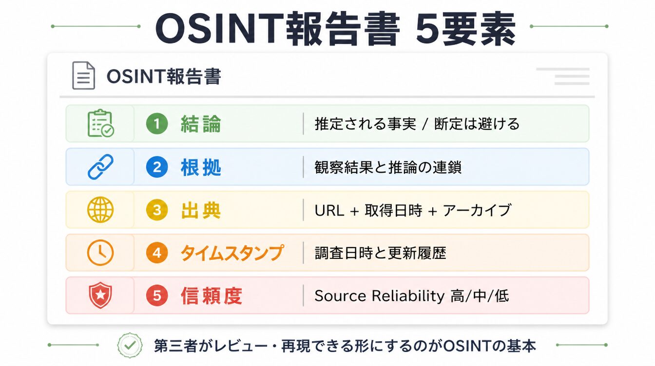 結論・根拠・出典・タイムスタンプ・信頼度のOSINT報告書5要素図解