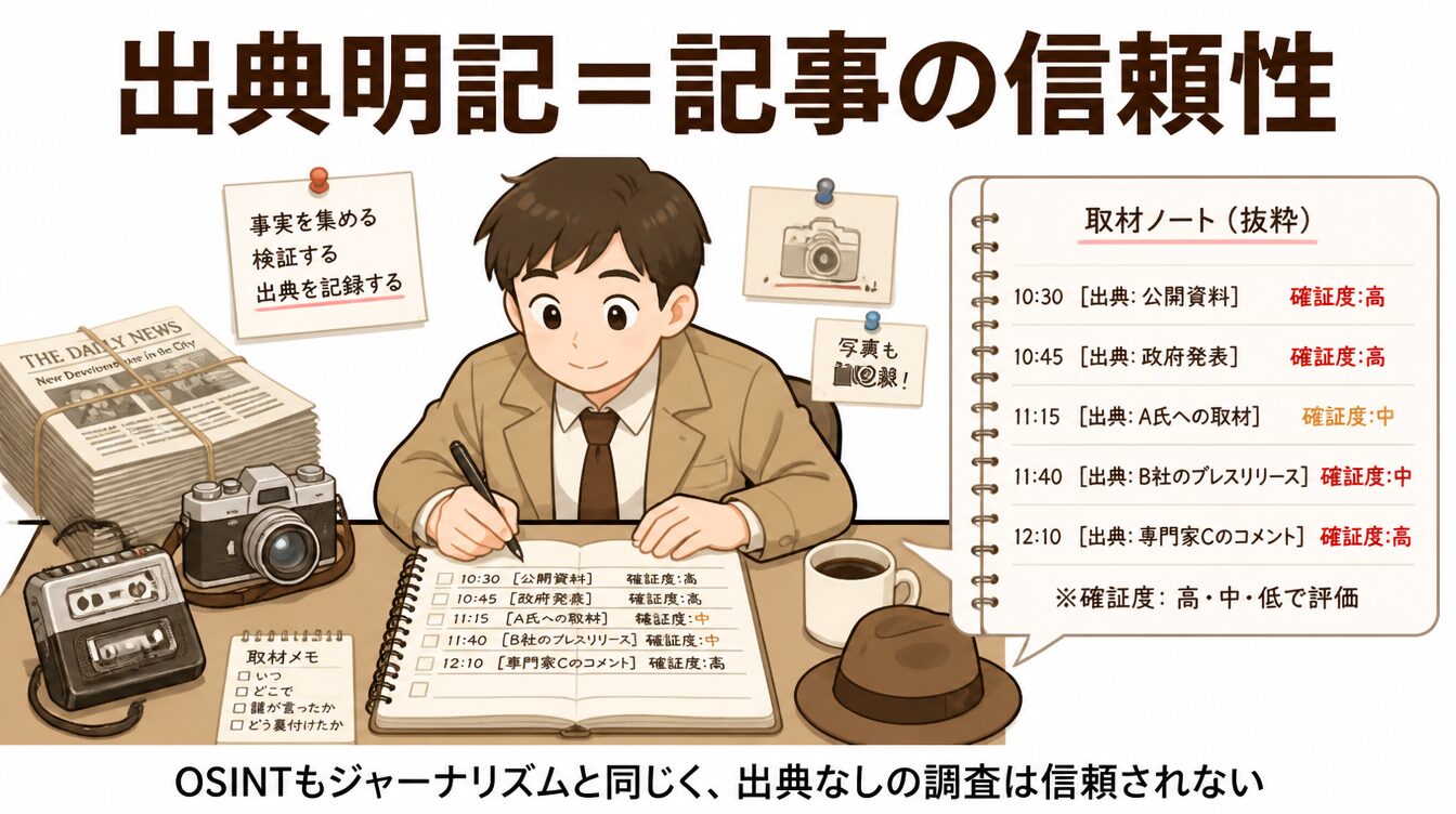 OSINTを出典明記するジャーナリストの取材ノートにたとえたイラスト