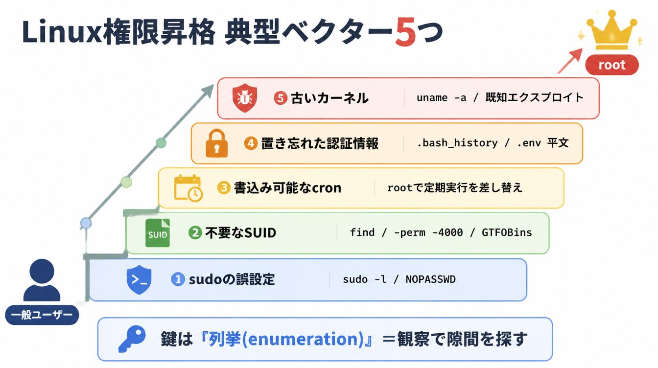 sudo誤設定・SUID・cron・平文認証情報・古いカーネルの5ベクターを階段で示す権限昇格の図