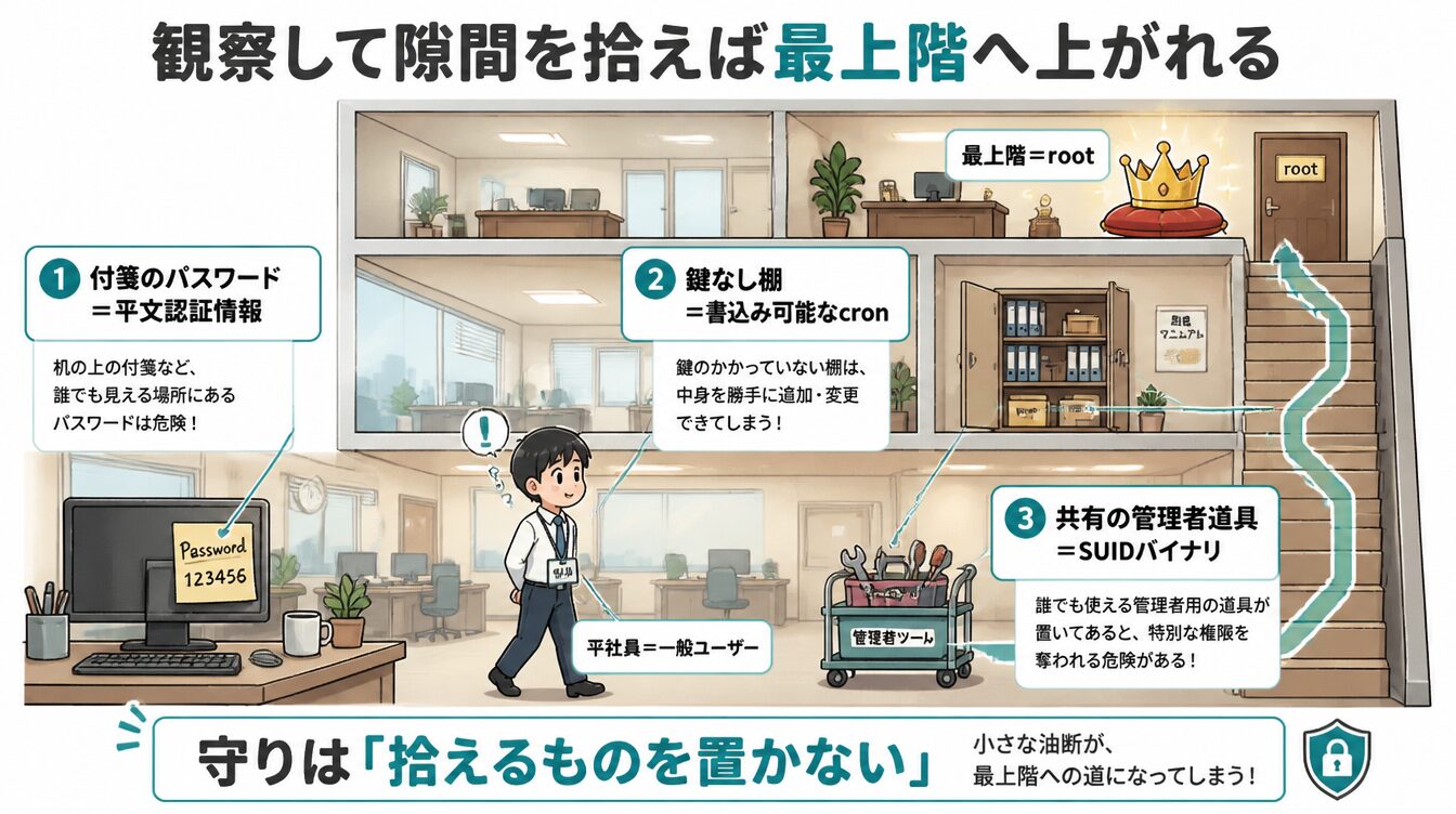 一般ユーザーがオフィスを歩き付箋パスワード・鍵なし棚・共有道具を拾いrootへ上がるたとえイラスト