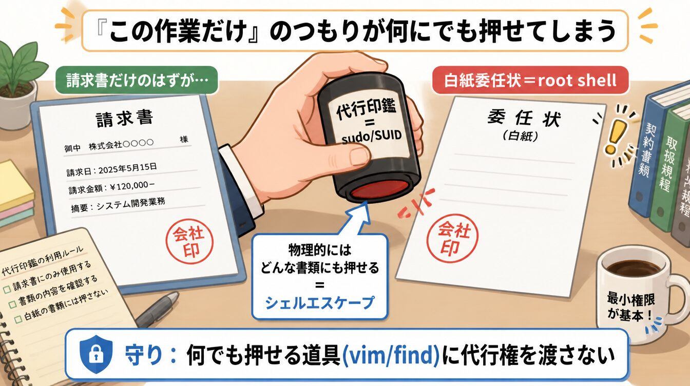 特定書類だけ許した代行印鑑が白紙委任状に押されてしまうシェルエスケープのたとえイラスト