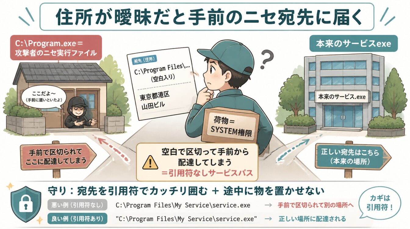 空白入りの曖昧な住所で配達員が手前のニセ宛先に荷物を届ける引用符なしサービスパスのたとえ図