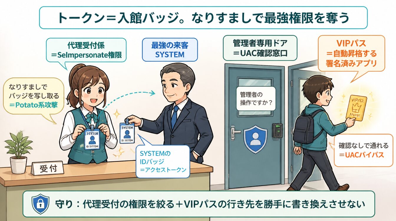 代理受付係がSYSTEMの入館バッジを写し取りVIPパスで管理者ドアを通る入館バッジのたとえ図
