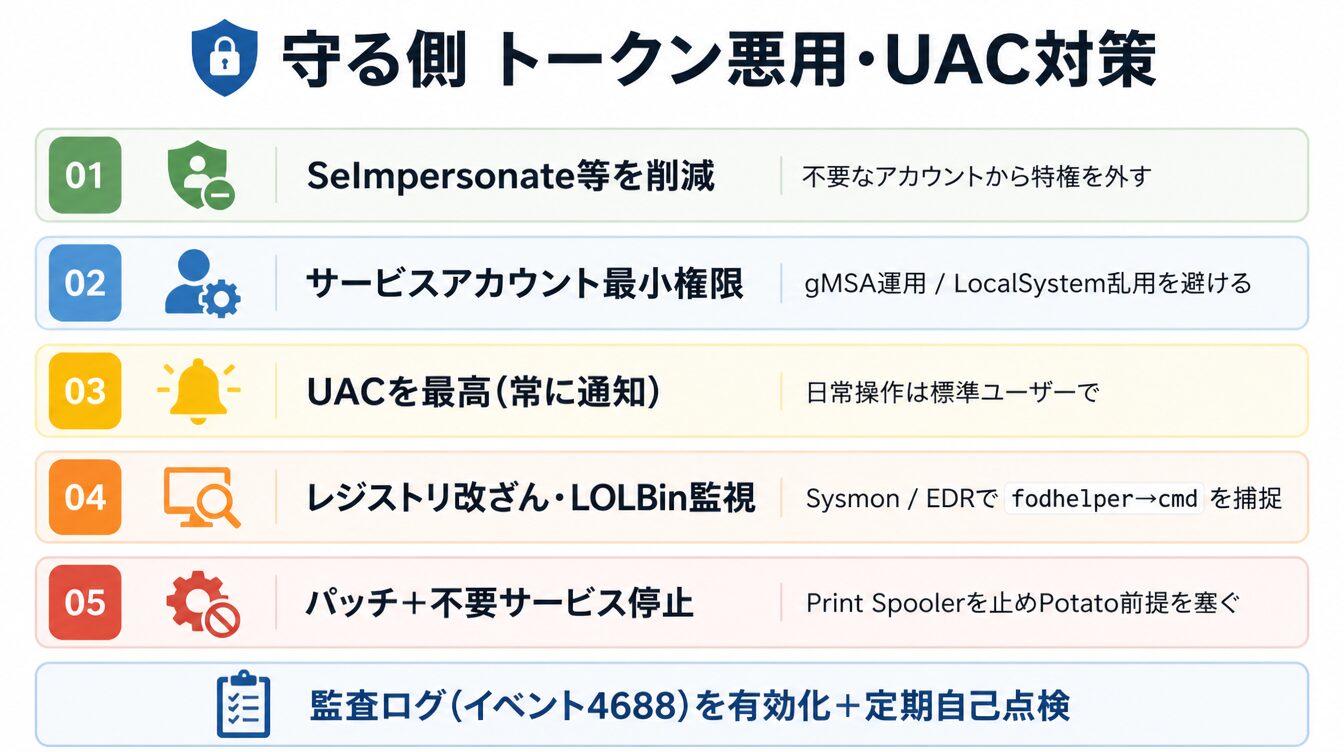 特権削減・サービス最小権限・UAC最高・レジストリ監視・パッチの守り側チェックリスト図