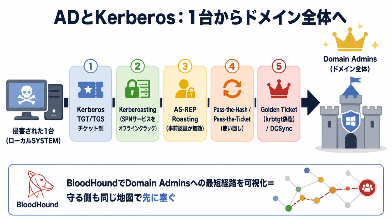 侵害された1台からKerberoasting・Golden Ticket等を経てDomain Adminsへ至るAD攻撃経路の図