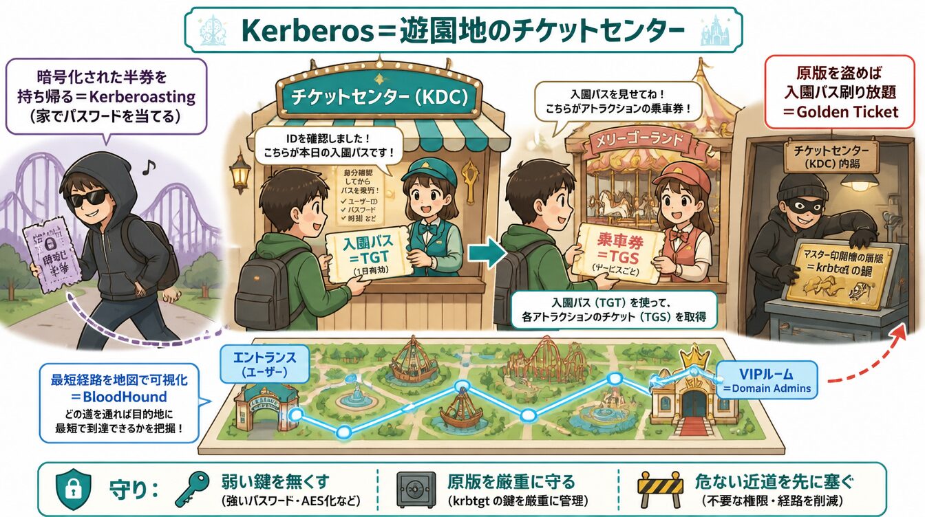 入園パスTGT・乗車券TGS・半券持ち帰りKerberoast・原版盗難Golden Ticketを描いた遊園地のたとえ図