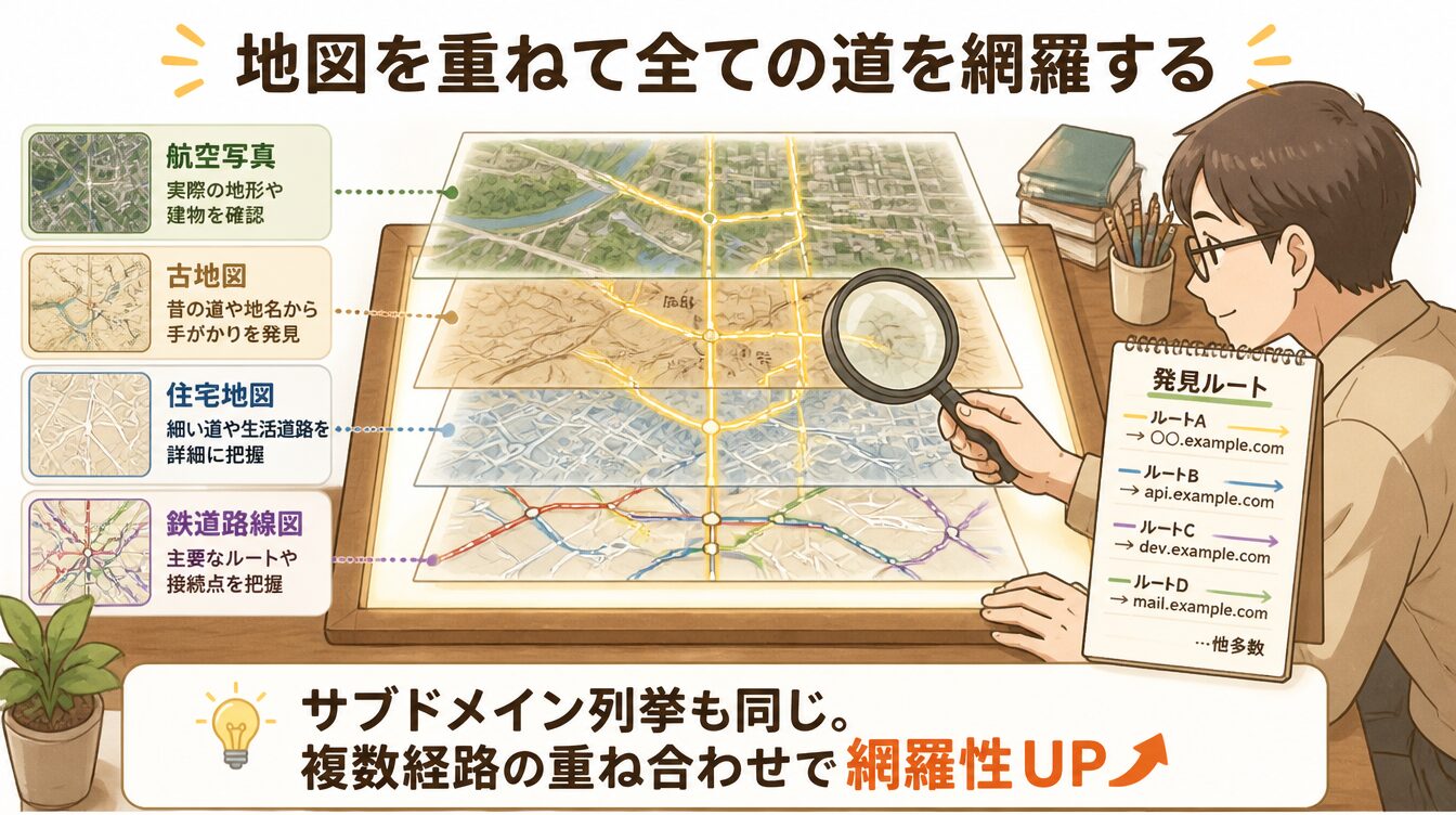 複数の地図を重ねて全ての道を発見するサブドメイン列挙のたとえ