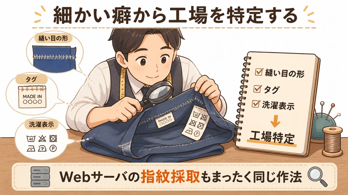 衣服の縫い目やタグから製造工場と年式を特定する仕立て屋のたとえイラスト