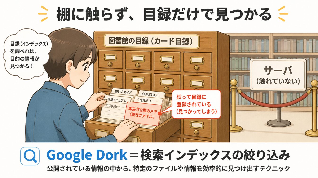 図書館の目録カードで棚に触れず本を探すたとえイラスト。非公開メモが誤って混入している様子