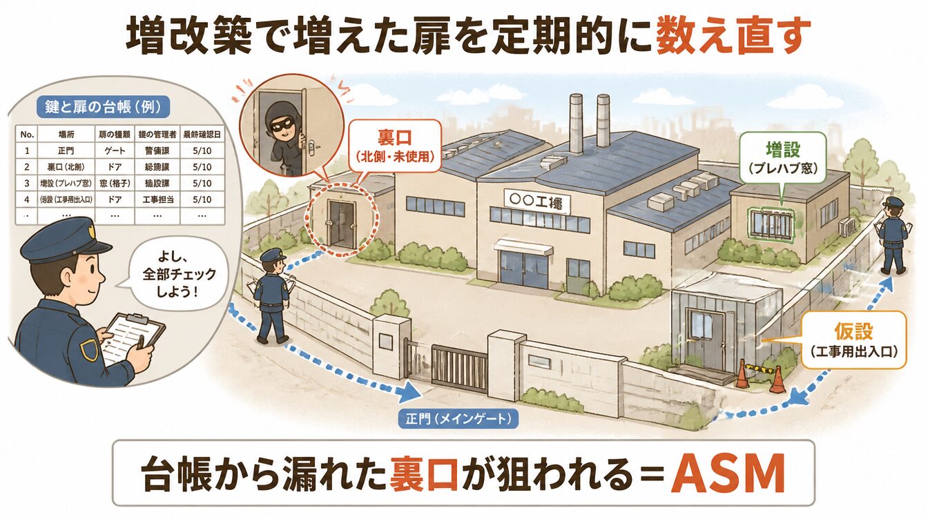 工場の敷地を巡回して増えた扉を数え直し管理台帳を更新する警備員のたとえイラスト